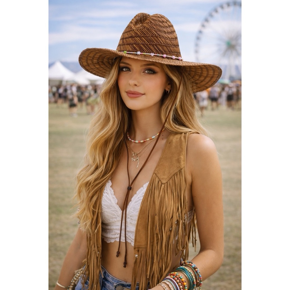 Anthropologie Wyeth Beaded Trim Straw Lifeguard Rancher Hat Sunhat Boho OS NWT